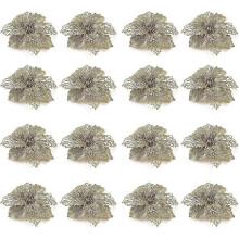 16Pcs Glitter Flower Christmas Tree Ornaments Gold Holiday Decor