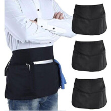 3-Pack Black Gabardine Short Waist Apron, Water-Resistant Serving Apron with 3 Pockets, Adjustable 80cm Neck Strap, 60x30cm