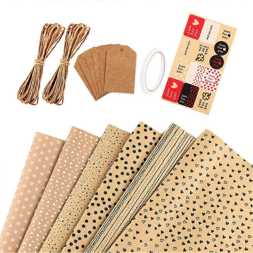 6 Sheets Kraft Brown Birthday Wrapping Paper Includes Tags Strings Sticker