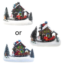 Christmas Village Color LED Glowing House Small Train Snow Resin Figurines