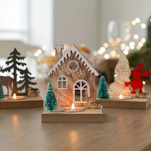 1pc Nordic Inspired Wooden Christmas House Candle Holder Festive Holiday Table Decor