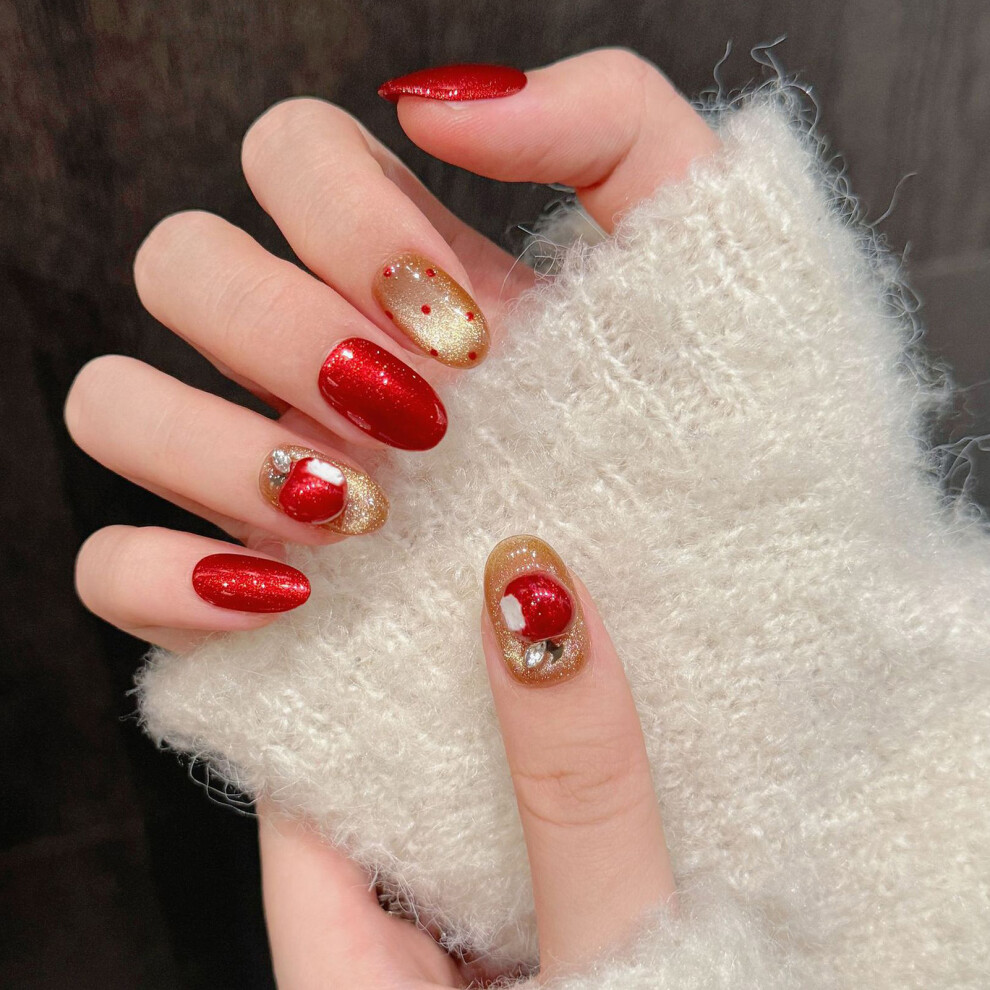 Bright-Home (Xs) Christmas Red Cat Eyes Press On Nails Odorless Provides A Comfortable Experience For Daily And Parties Wearing