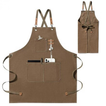Multifunctional Apron Brown Cotton Adjustable Multiple Pockets Unisex Baking Painting Kitchen Apron