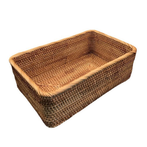 2X Hand-Woven Rattan Wicker Basket Fruit Tea Snack Bread Basket Cosmetic Rectangular Storage Box L 1