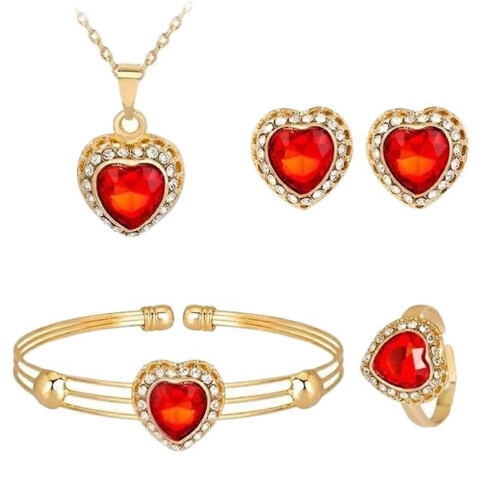 Conjunto de joyas: collar con forma de corazón, pendientes de moda y pulsera creativa roja.