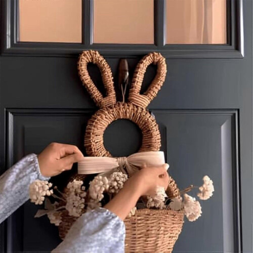 2X Hand Woven Wicker Easter Bunny Basket Hanging Wall Pocket Spring Decor 2