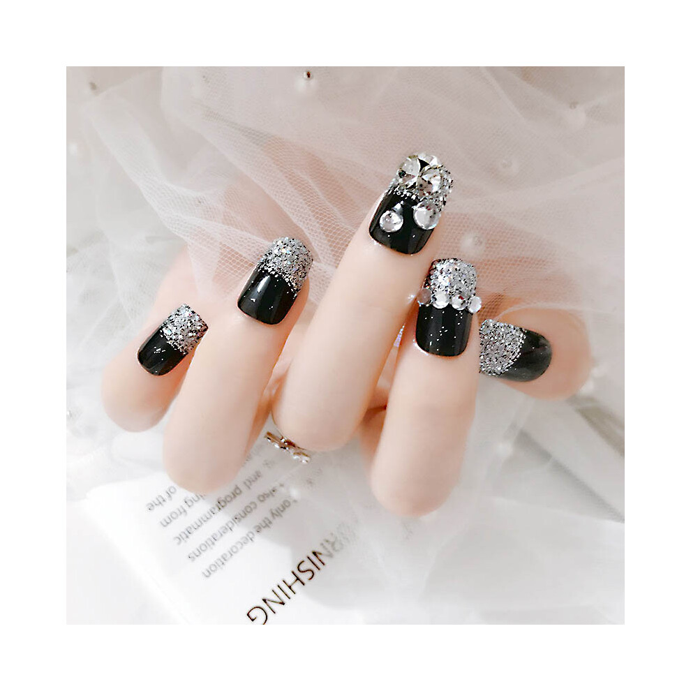 Dcph-Clothing 24Pcs Silver Glitter Rhinestone Acrylic Fake Nails