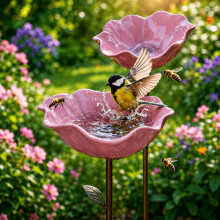 Handgefertigte Metall-Blumen-Vogelfutterstelle Pink – blumenförmige Futterschale und dekorativer Gartenstecker, 60cm hoch