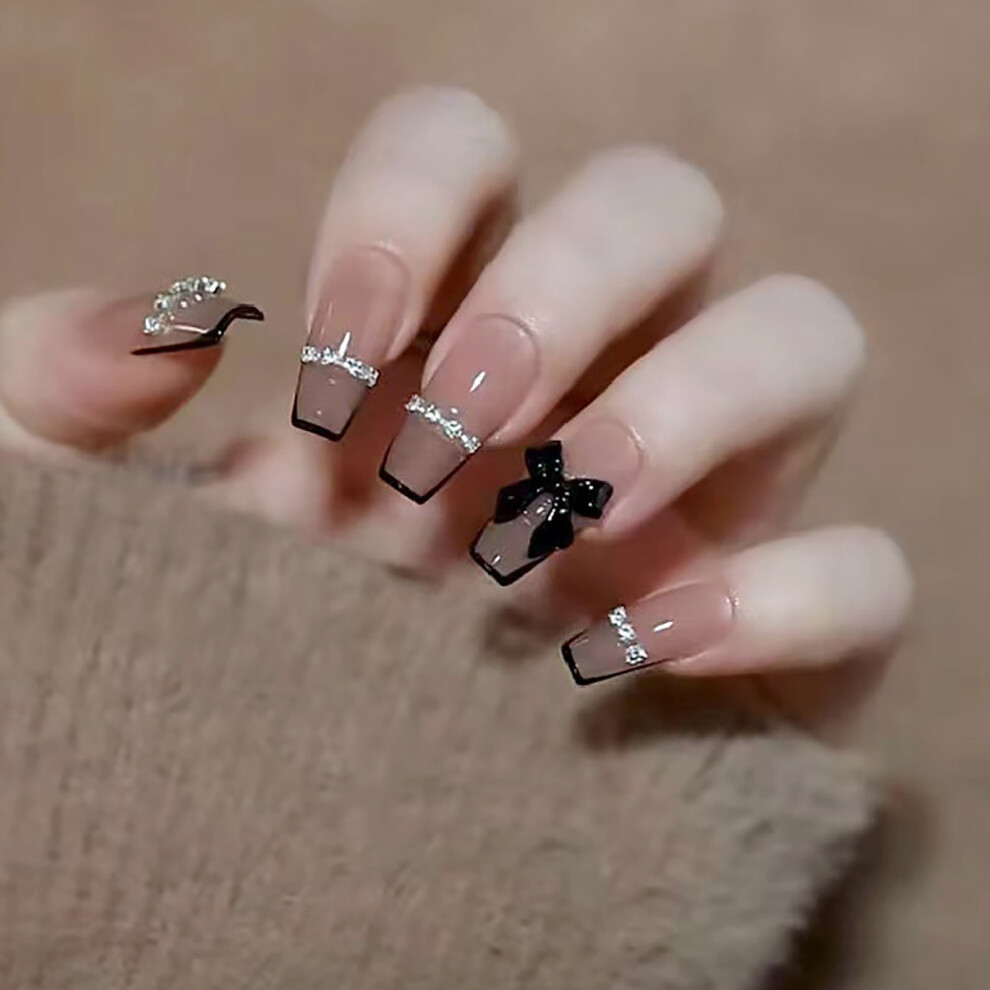 Phui-Pet-Supplies Bowknot French Tip Press On Nails For Women