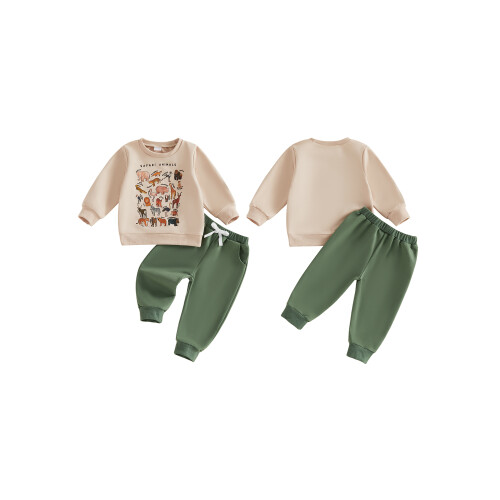 (18-24 Months, Apricot) Boy Fall Outfits Animal Print Long Sleeve Pullover Solid Pants 2 Pcs Set 2