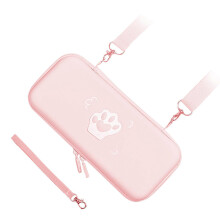 Custodia rigida protettiva in pelle PU con motivo a zampa di gatto, con tracolla e cordino, per console Switch, colore rosa.