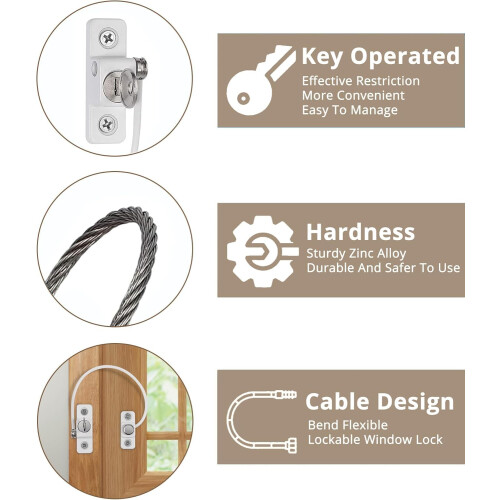 HOMGEN 8PACK Cable Window Restrictors Locks with Keys & Self-Tapping Screws 2
