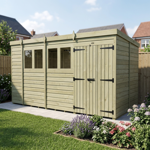 13 x 6 Pent Shed Tanalised (Double Door, With Windows)