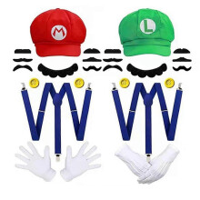 (Red Hat   Green Hat) Super Mario Bros Cosplay Dome Cap Gloves Mustache Suspender Set Halloween Prop