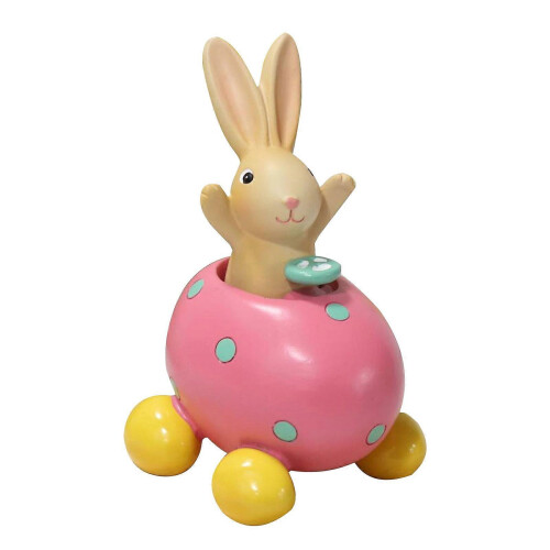 (In the pink car) Easter Spring Rabbit Resin Figurine Sitting on Eggshell Table Decor
