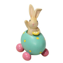 (Mint colored car) Easter Spring Rabbit Resin Figurine Sitting on Eggshell Table Decor