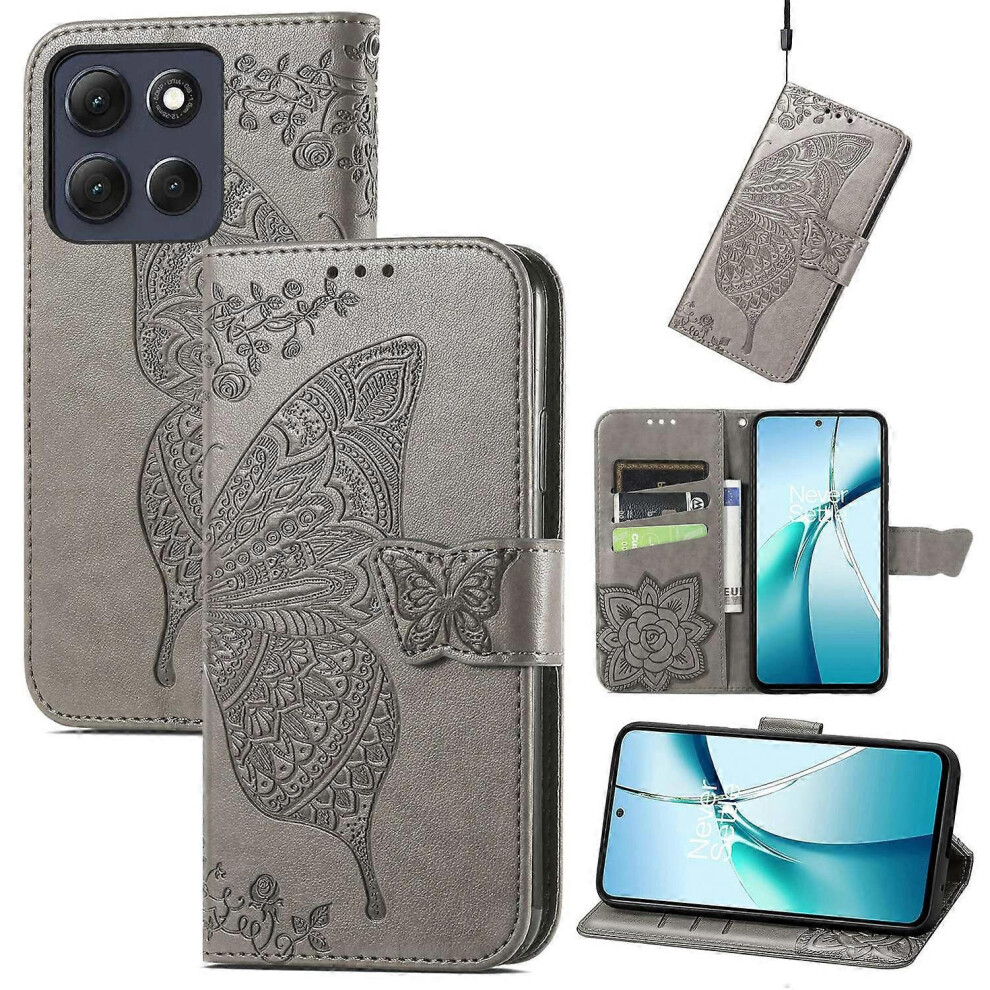 (, Grey) Butterfly Pattern Pu Leather Wallet Case For Motorola Moto G86 5G With Strap Grey 5782074369027