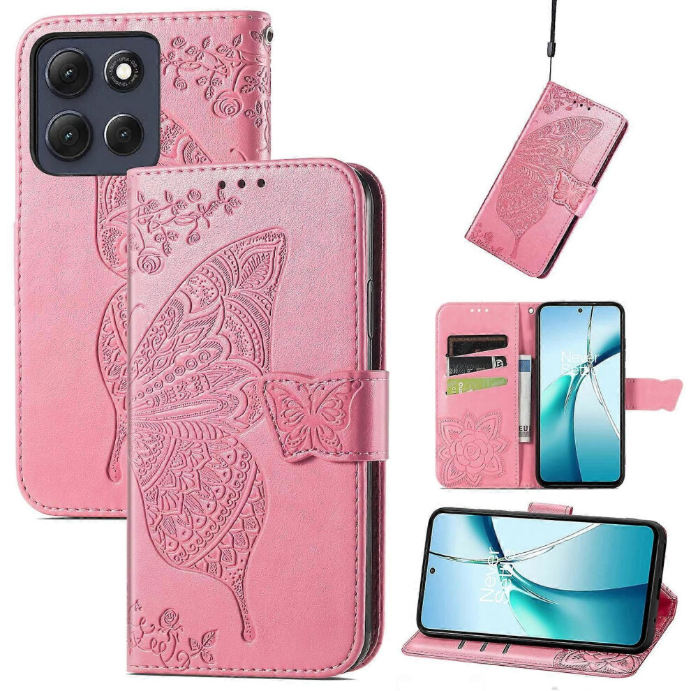 (, Pink) Butterfly Pattern Pu Leather Wallet Case For Motorola Moto G86 5G With Strap Pink 5782074369041