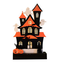 (Black) Halloween Wood LED Ghostly Castle House Pumpkin Ornament Table Decor Black