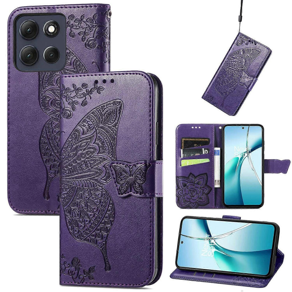 (Dark Dark ) Butterfly Pattern Pu Leather Wallet Case For Motorola Moto G86 5G With Strap Purple 5782074369010