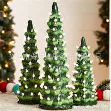 (small, white lantern) Lit Small Resin Christmas Tree with Lights for Holiday Table Centerpiece Decor Party