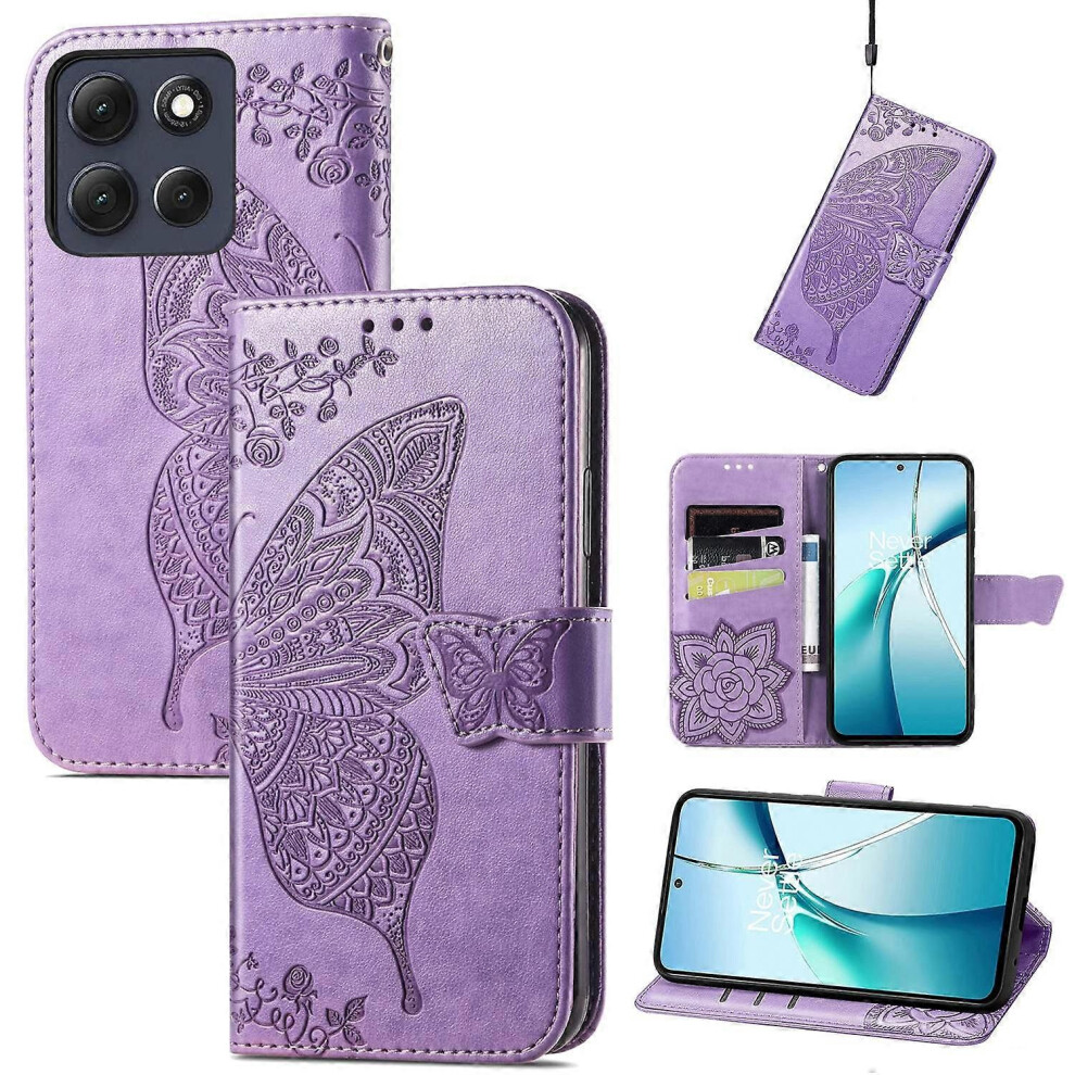 (Light Light ) Butterfly Pattern Pu Leather Wallet Case For Motorola Moto G86 5G With Strap Purple 5782074369034