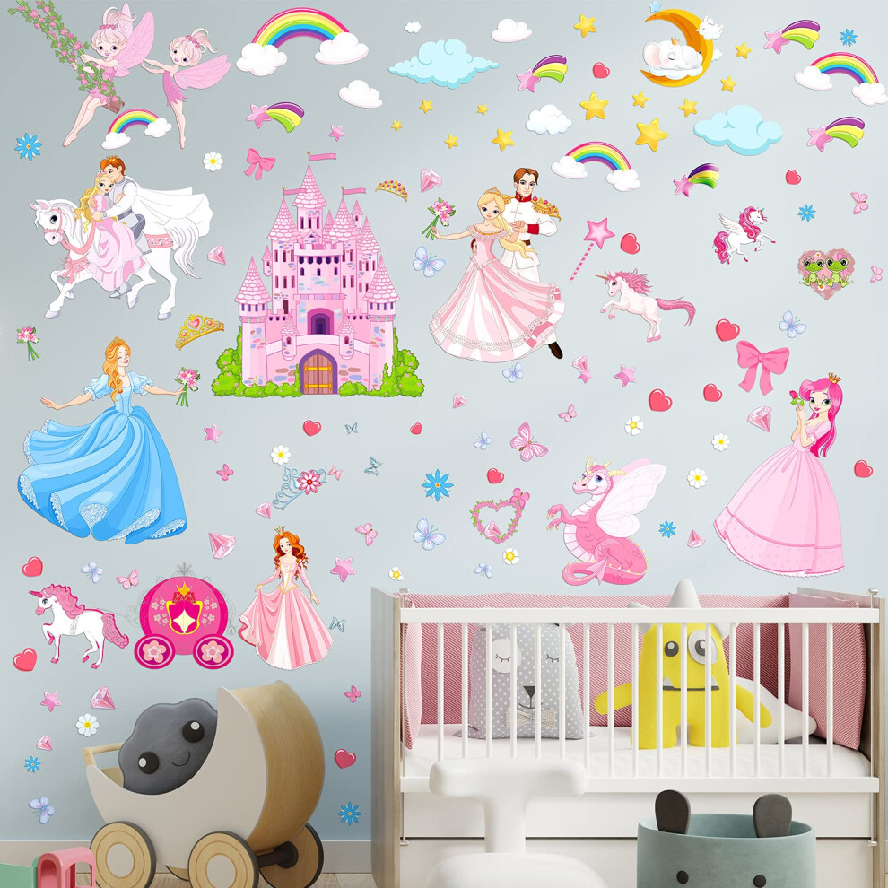 Censen 124 Pieces Princess Unicorn Wall Stickers Castle Fairy Rainbow