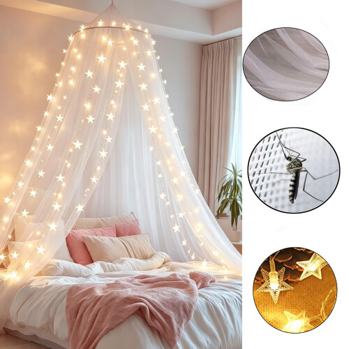 Mosquito Net Bed Canopy Bed Cover with 100 LED String Lights Oversized 1
