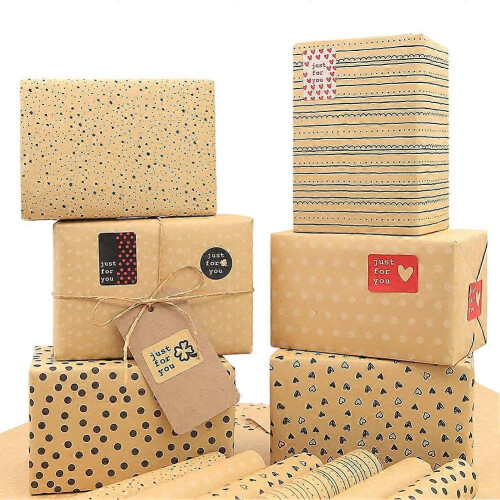 6 Sheets Kraft Brown Birthday Wrapping Paper Includes Tags Strings Sticker 2