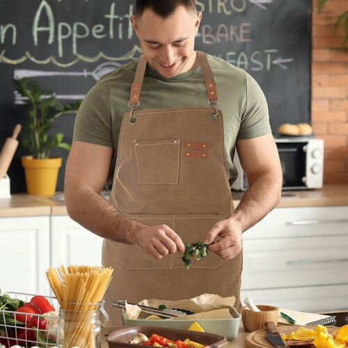 Orion Kitchen Apron 68x74cm, 65% Polyester 35% Cotton, Cross Back Design, Practical Pockets, Universal Use, Brown 1