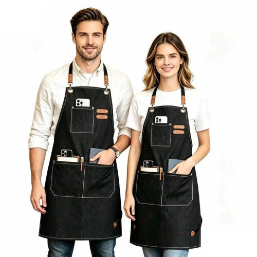 (Gray) ShuangBo Black Denim Apron With Multiple Pockets Dirt-Resistant Durable Adjustable Straps For Kitchen Baking Serving Professional Work 1