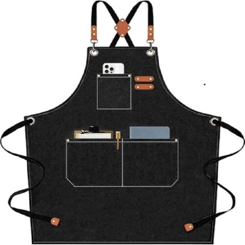 (Gray) ShuangBo Black Denim Apron With Multiple Pockets Dirt-Resistant Durable Adjustable Straps For Kitchen Baking Serving Professional Work 2
