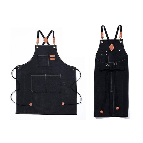 Kitchen Apron Black Unisex Adjustable Pockets 100% Cotton Set 1
