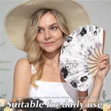 Chinese Gray Peony Blossom Fabric Bamboo Folding Dancing Hand Fan White