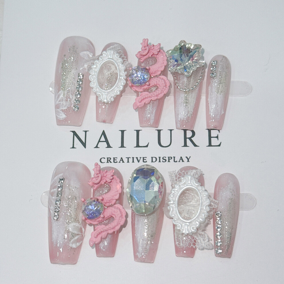 Bright-Home Handmade Pink Fake Nails With Glitter Decor Sweet & Charming Reusable False Nails For Women Nail Art Decoration