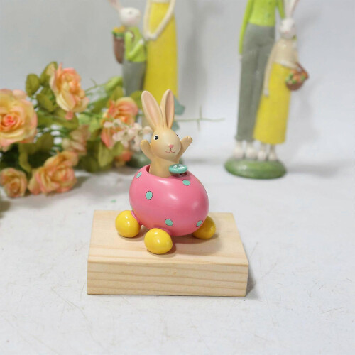 (Mint colored car) Easter Spring Rabbit Resin Figurine Sitting on Eggshell Table Decor 2