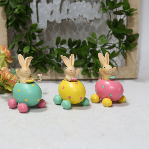(In the pink car) Easter Spring Rabbit Resin Figurine Sitting on Eggshell Table Decor 2
