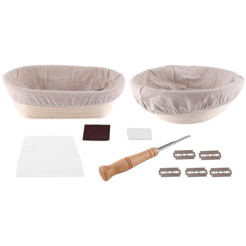 2X Conjunto de Cestas de Impermeabilização de 2 A 10 Polegadas Ovais e 9 Polegadas Redondas + Pão Premium Coxo e Cortado, A Tigela de Cozimento 2