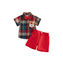 (2-3 Years, Red) Toddler Boy Christmas Outfit Short Sleeve Bow Tie Plaid Shirt and Shorts