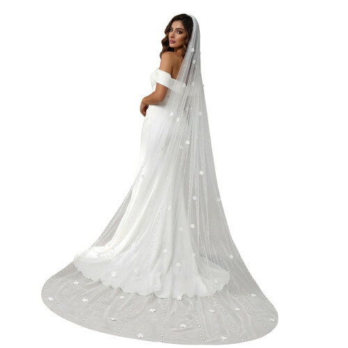 Luxurious Pearls Beaded Wedding Veils For Various-Cream 300cm