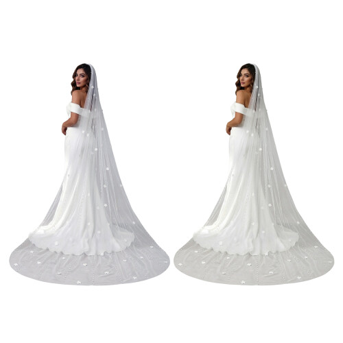 Luxurious Pearls Beaded Wedding Veils For Various-Cream 300cm 1