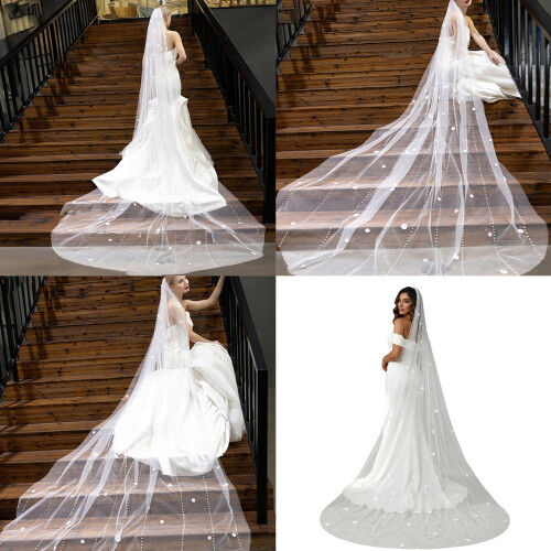 Luxurious Pearls Beaded Wedding Veils For Various-Cream 300cm 2