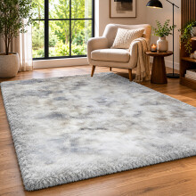 (160x230cm Living Room Rug, Silver/Tie Dye Light Grey) Shaggy Rug-Non Slip Faux Fur Extra Large Area Rugs for Livingroom Bedroom Carpet