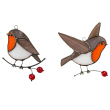 2 Pcs Hanging Birds Wire High Stained Acrylic Suncatcher Window Panel Home Room Decor, Sitting Robin & Flaying Robin