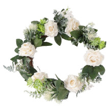 White Rose Garland Spring Wreath, Artificial Hanging Floral Decor for Front Door, Window, Wall, Wedding & Home Decorations (1 Pc)