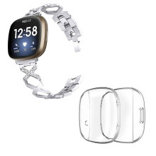 (Style E Fitbit Versa 3, Silver) For Fitbit Versa 3/Sense X-Hollow Watch Band Bracelet Strap with Full Cover Watch Case