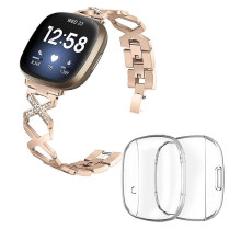 (Style A Fitbit Versa 3, Gold) For Fitbit Versa 3/Sense X-Hollow Watch Band Bracelet Strap with Full Cover Watch Case