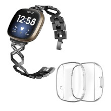 (Style B Fitbit Versa 3, Black) For Fitbit Versa 3/Sense X-Hollow Watch Band Bracelet Strap with Full Cover Watch Case