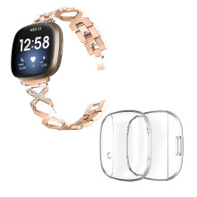 (Style D Fitbit Versa 3, Pink gold) For Fitbit Versa 3/Sense X-Hollow Watch Band Bracelet Strap with Full Cover Watch Case