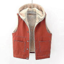 Jwl-solid Color Hooded Faux Cashmere Denim Vest Women Autumn Winterr Fleece Liner Warm Waistcoat Casual Loose Jean Sleeveless Jackets